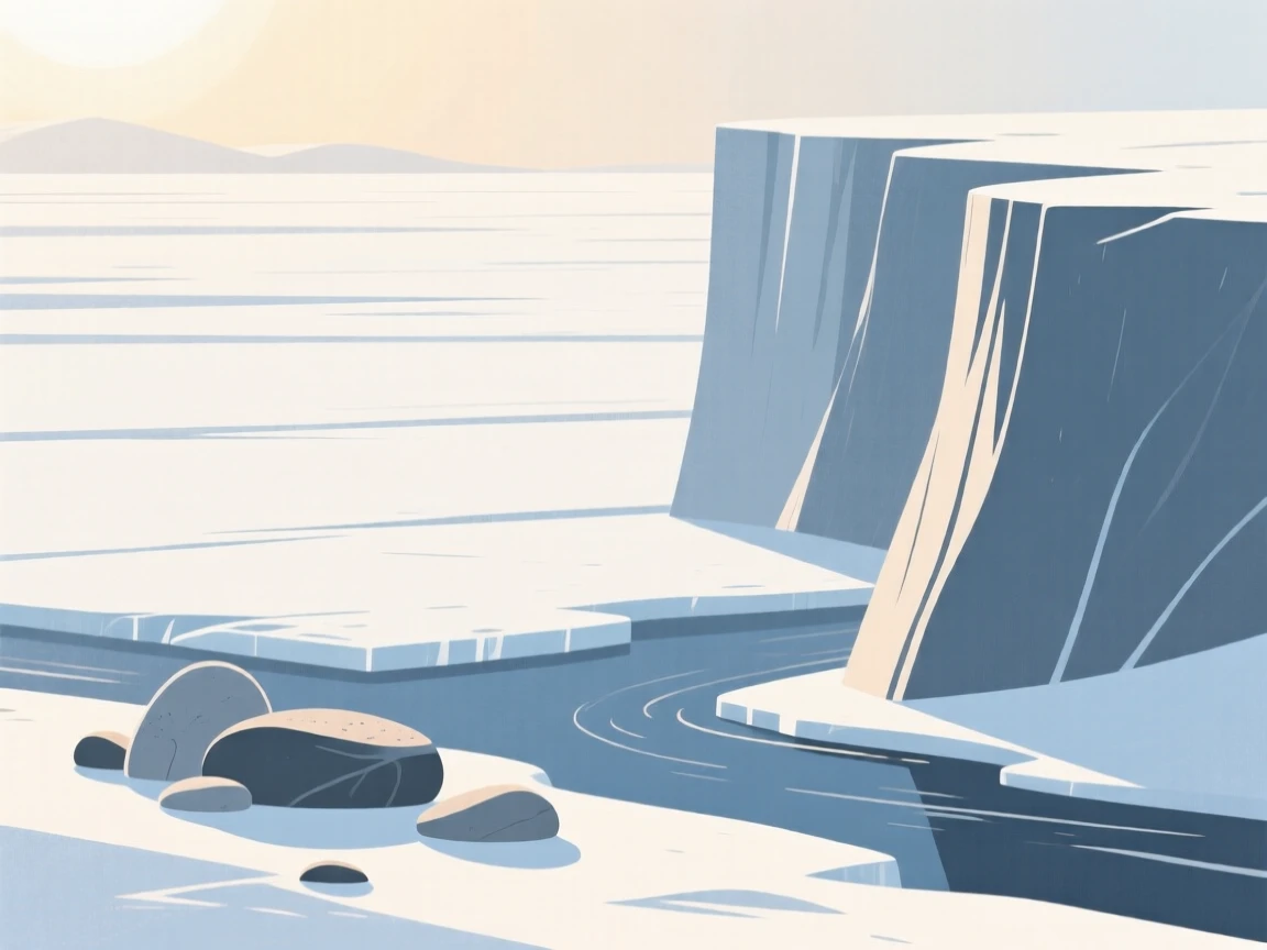 Sunlight falling across a frozen tundra as a canyon wall moves slowly past smooth river stones, evoking gentle stillness.