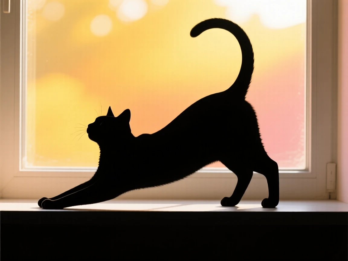 A cat arching its back in a long stretch on a sunlit windowsill, tail curled behind it.