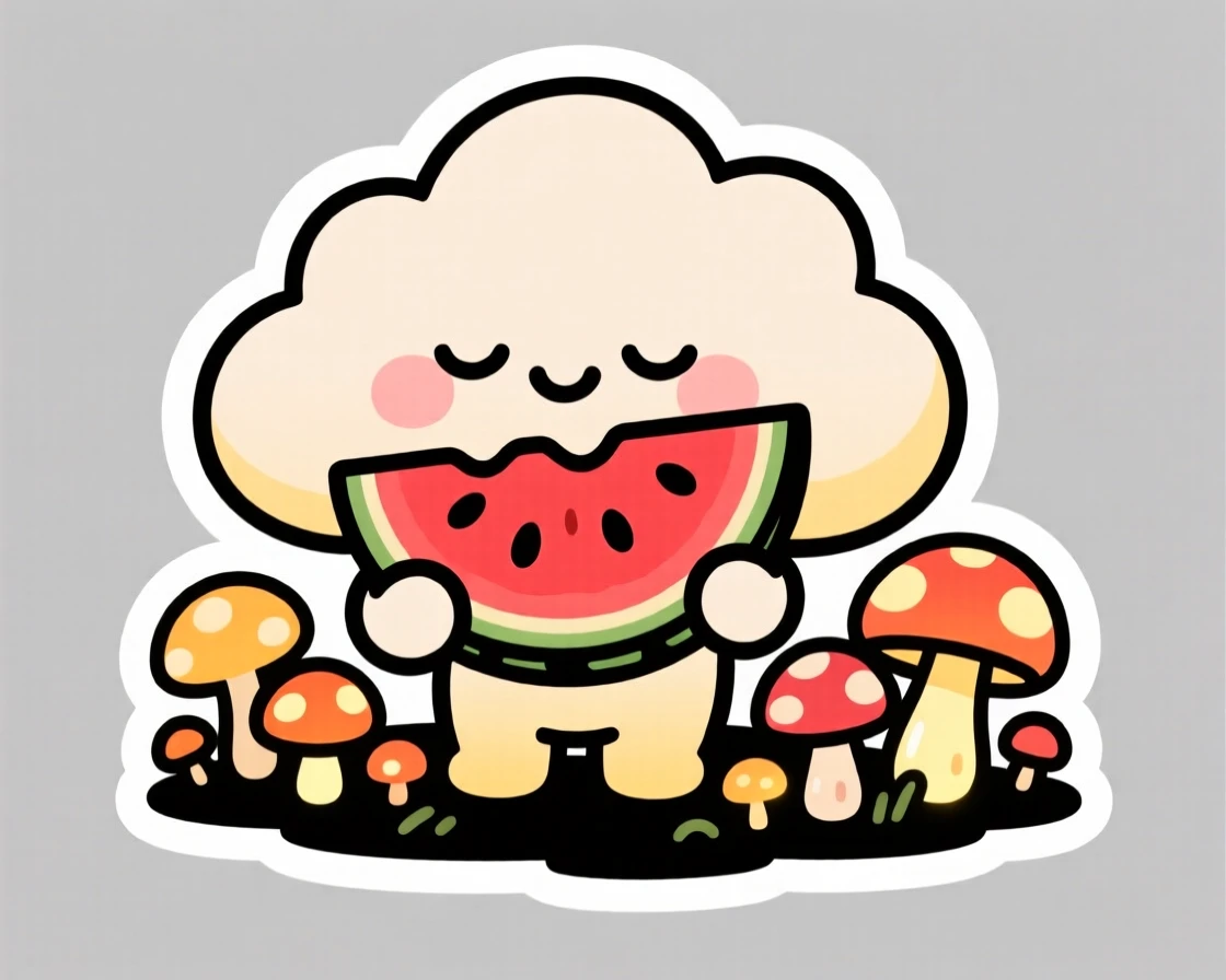 A sleepy smiling cloud creature holding a slice of watermelon bigger than its head, among mushrooms glowing softly at dusk.