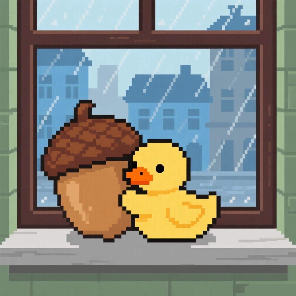 A duckling hugging a giant acorn, on a windowsill overlooking a rainy town.