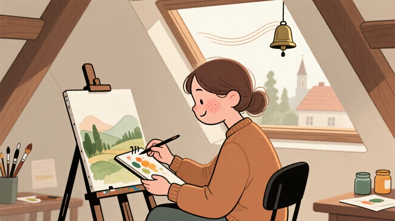A quiet reader sits in a quiet attic studio practicing a watercolor landscape, fully absorbed as distant church bells drifts through the open window.
