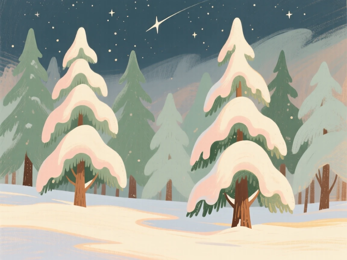 A snow-dusted evergreen forest under a clear starry night