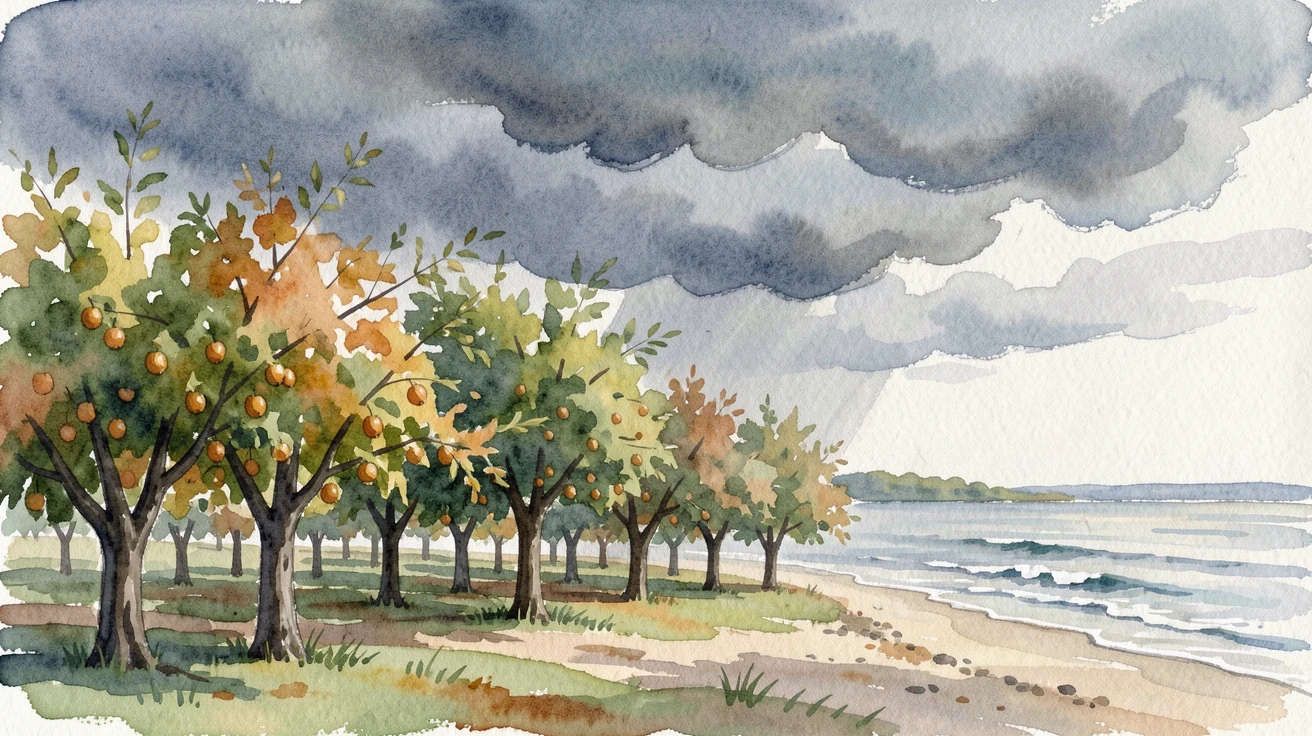 A quiet countryside orchard as storm clouds gather with gentle waves lapping the shore.
