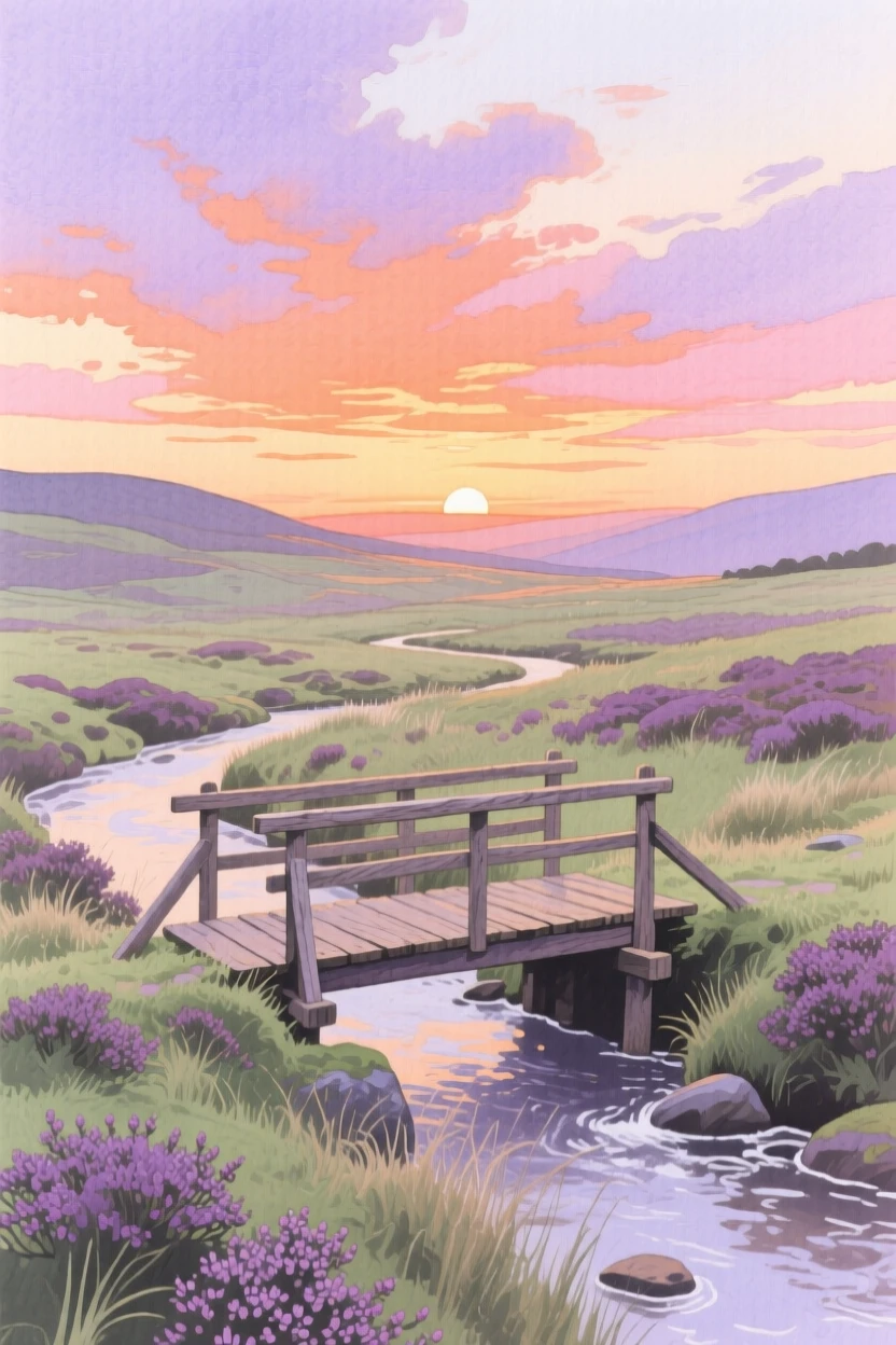 A breathtaking view of a highland moor as the sun sets in brilliant colors, with a small wooden bridge crossing a stream