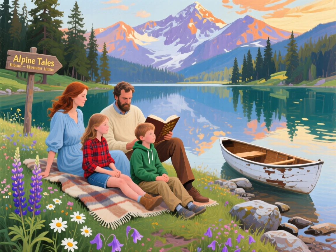 a family resting beside an alpine lake, during a quiet late afternoon, with layered visual detail from foreground to horizon.