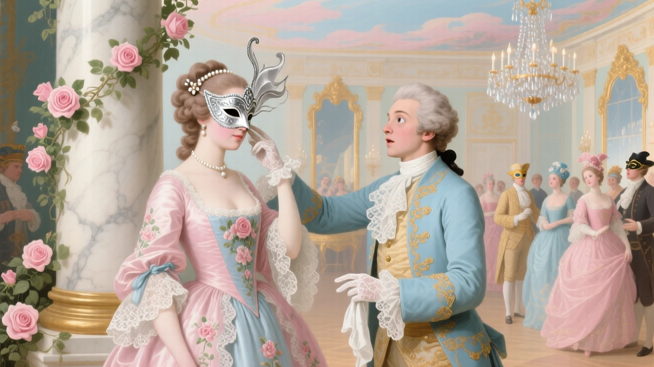 A masked ball where one mysterious guest reveals her face to a startled admirer  