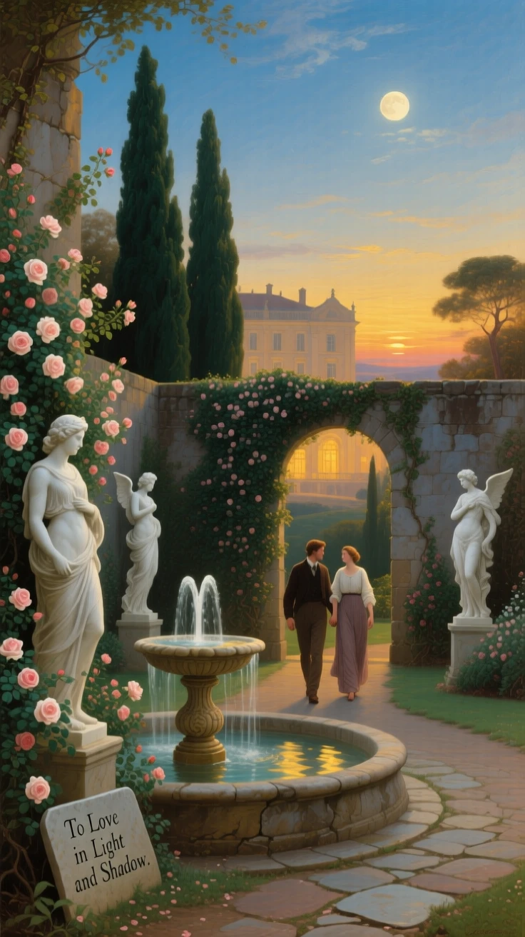 In the golden hour, Two lovers in a moonlit walled garden, walking hand in hand beside a fountain, surrounded by climbing roses, marble statues, and a palace glowing beyond the cypress trees; a winding path draws from the foreground toward the subject, the composition feels welcoming and deeply nostalgic.