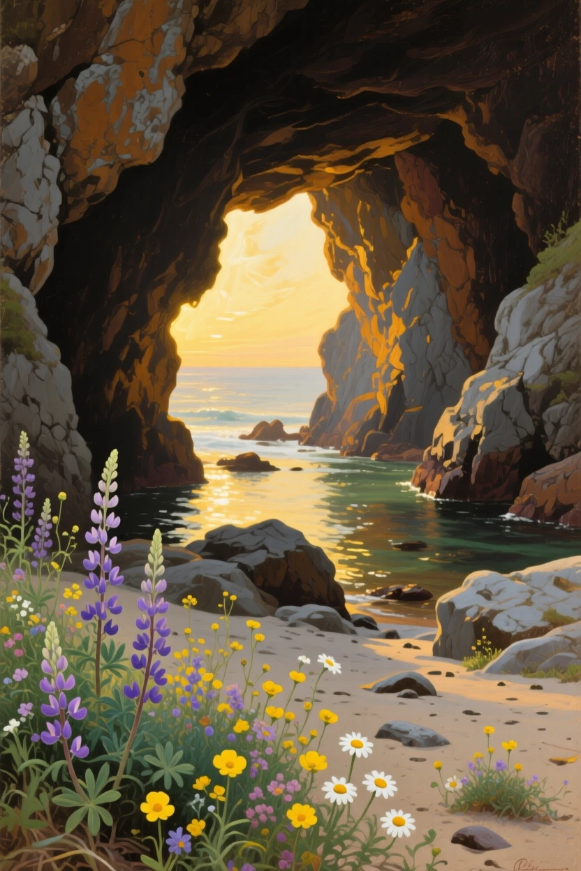 A coastal sea cave with sunlight streaming through a rock arch, with wildflowers scattered across the foreground, capturing the raw power and quiet majesty of untouched nature