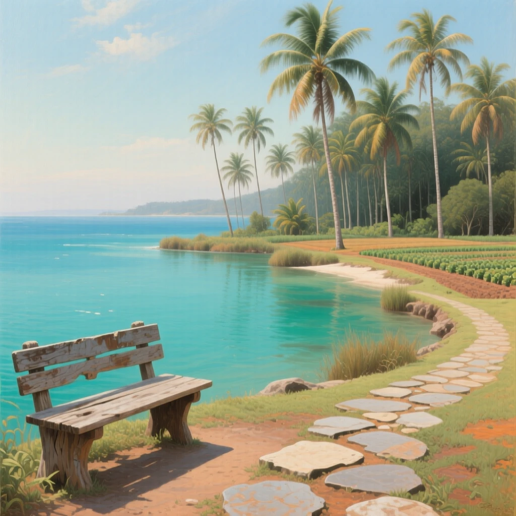 A tropical lagoon fringed with palm trees and turquoise water stretching endlessly toward a hazy, distant horizon, set at the edge where cultivated land meets wild nature, with a weathered bench or stone path inviting quiet contemplation; layered depth separates near, middle, and far distance beautifully, filled with calm, restorative beauty.