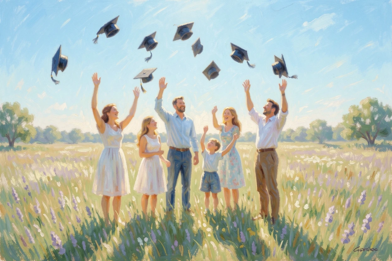 A graduation celebration with a proud family tossing caps into the air under a clear blue sky.
