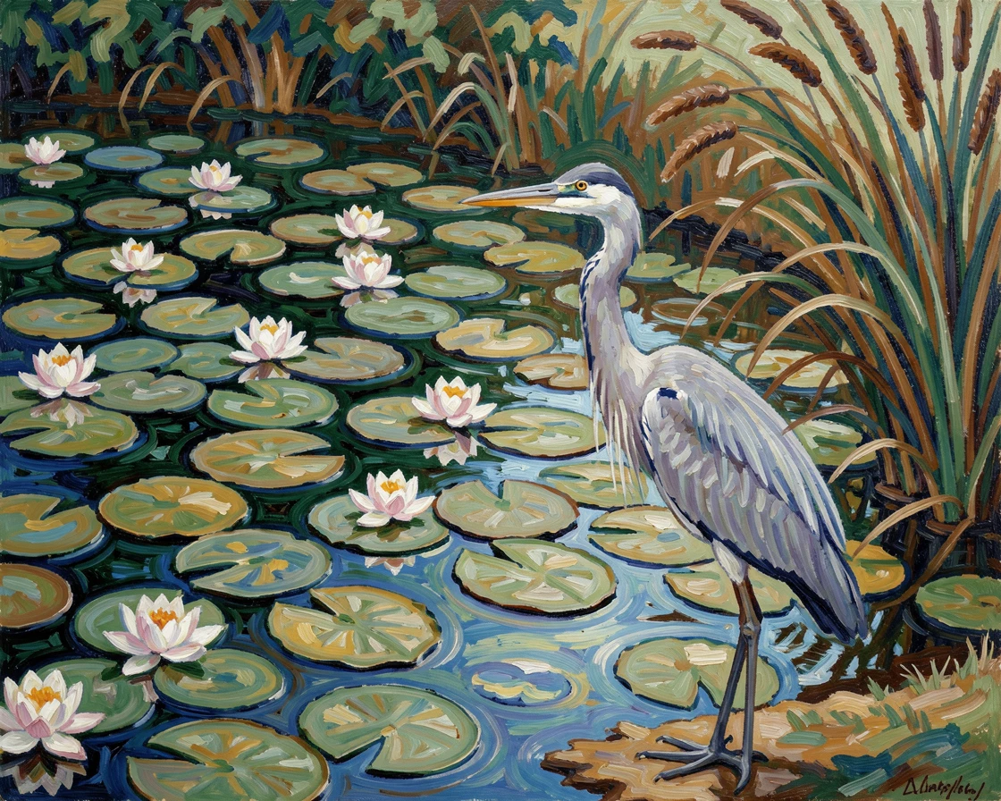 A tranquil pond covered in lily pads, a single heron standing motionless at the water's edge.