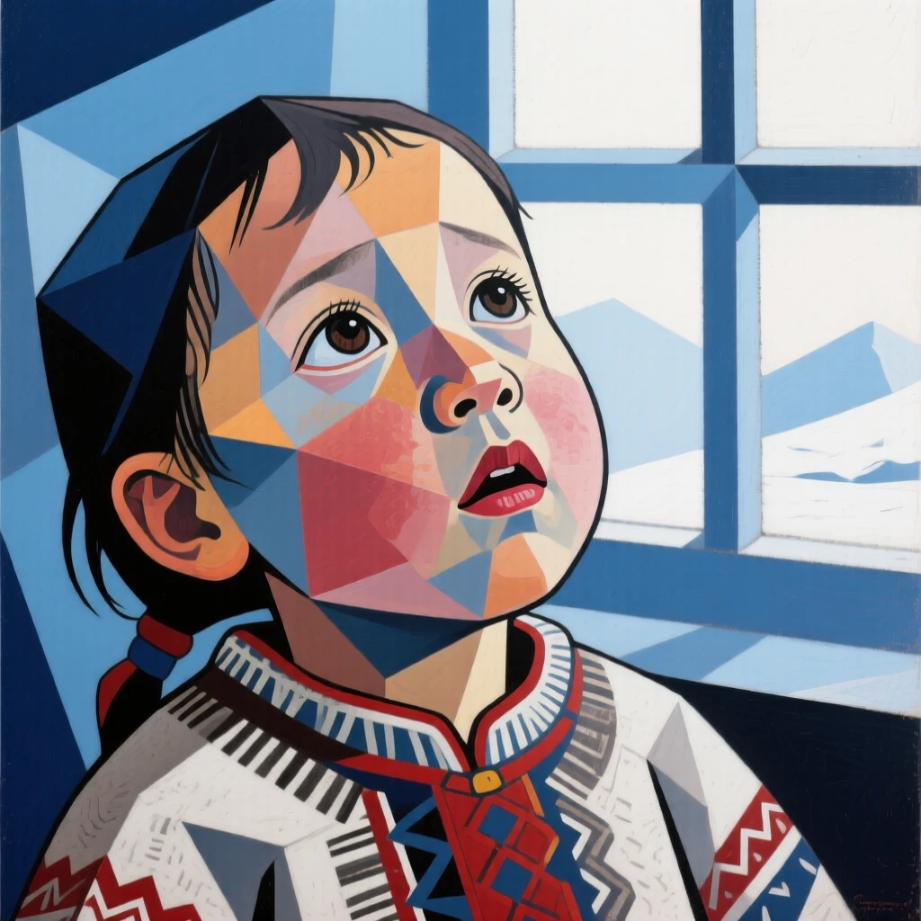 A close-up portrait of a toddler of Inuit heritage, looking up in awe, in soft window light.