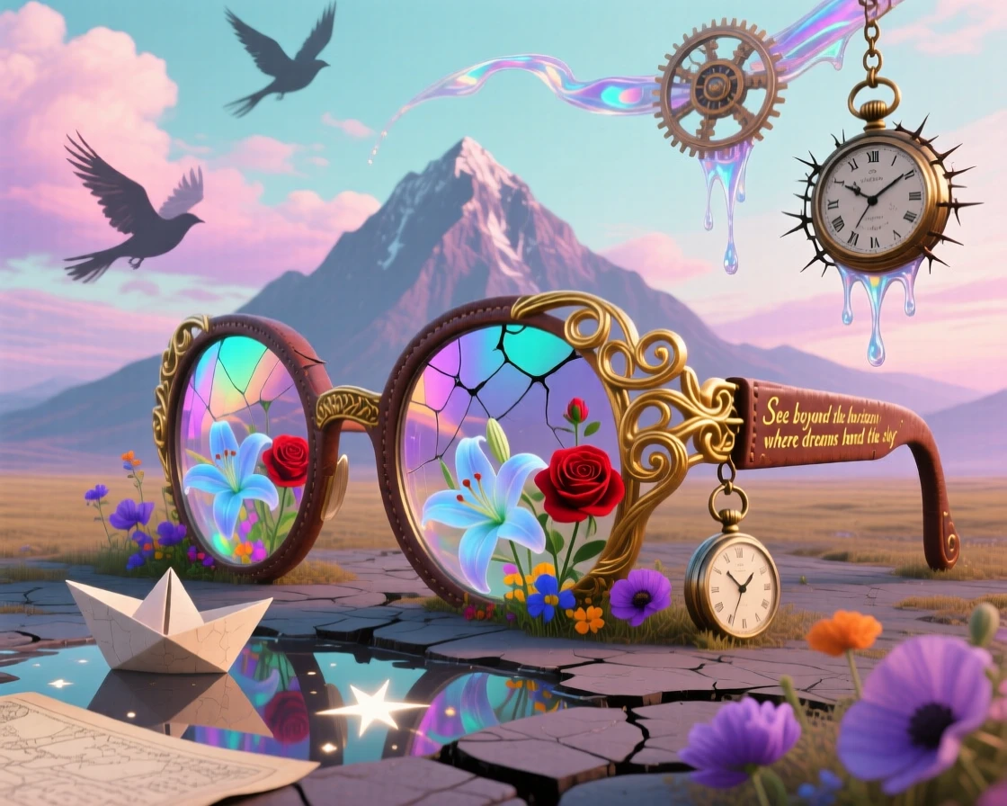 A colossal pair of spectacles framing a distant mountain range sits abandoned beneath a sky streaked with soft pastel clouds, while wildflowers push up through cracks along its surface.