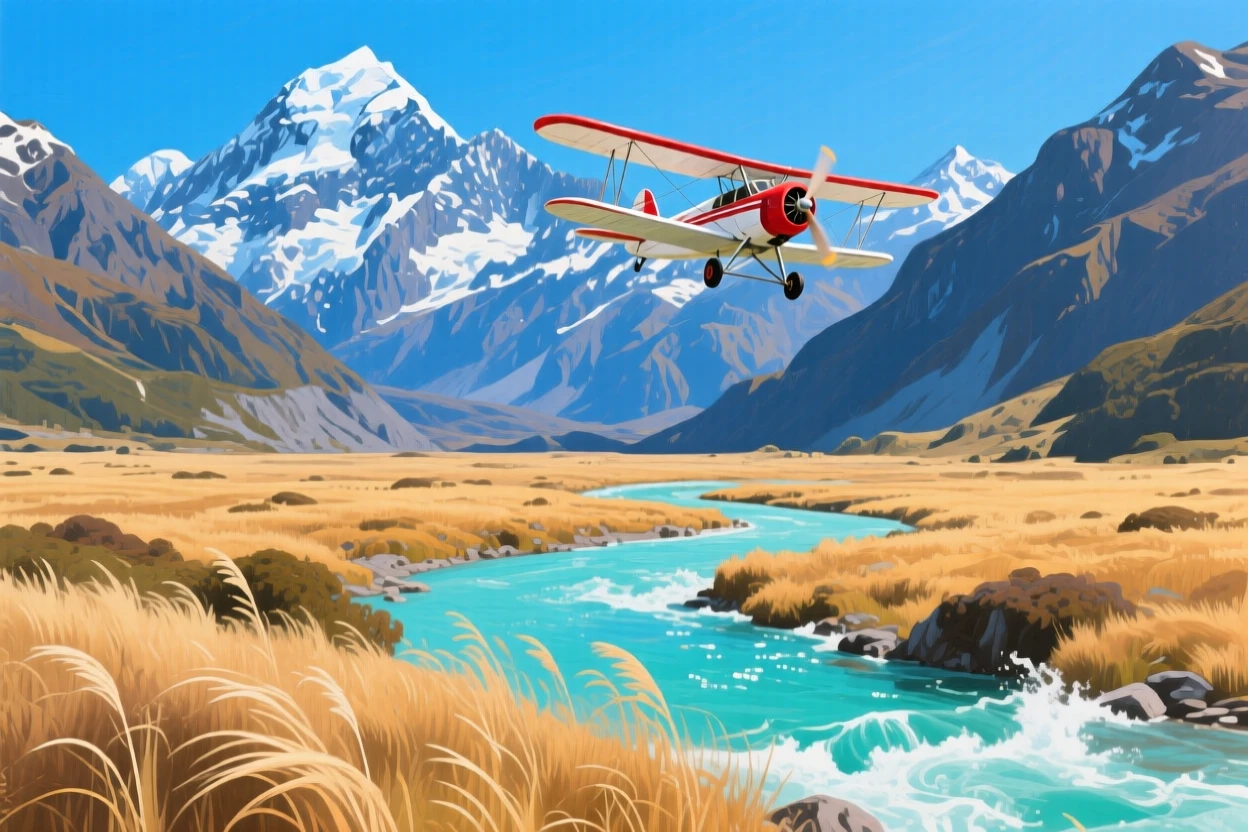 New Zealand's Southern Alps tower over a turquoise glacial river, a small biplane flying low between the peaks, tussock grasslands rippling in the wind across the wide valley floor below.