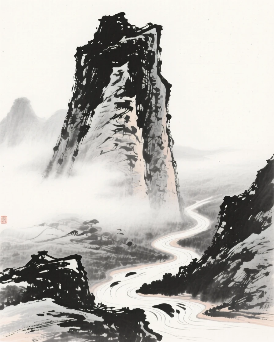 a jagged limestone peak, wreathed in low-lying mist, with a stream threading through the valley beneath it.