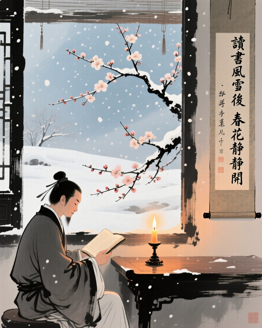 A young scholar reading by candlelight beside a window in a snowstorm, as spring blossoms unfold, under clearing skies after a storm.