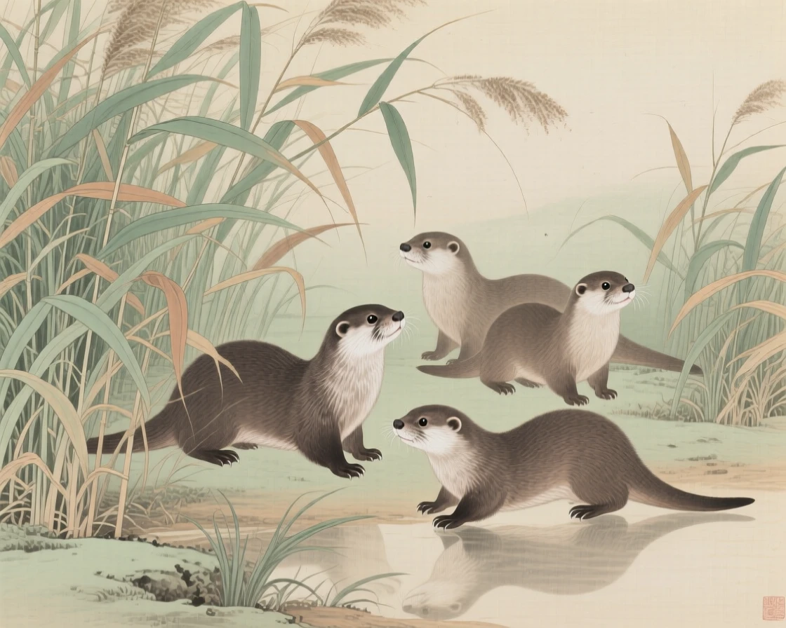 A family of otters wandering through a field of tall reeds