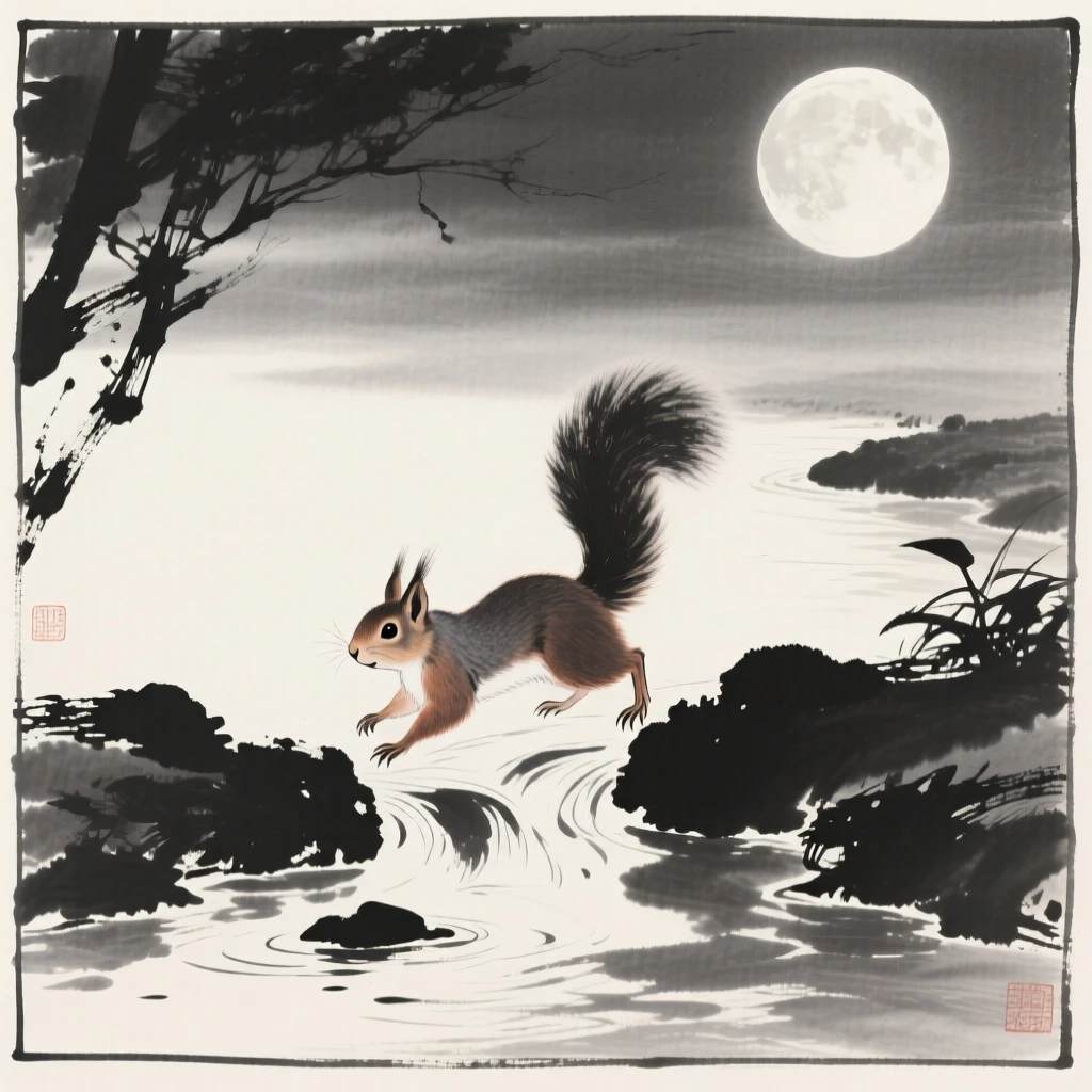 A squirrel crossing a shallow stream at first light in a moonlit clearing, framed low to the ground for an intimate, close perspective, evoking the gentle rhythm of the natural world.