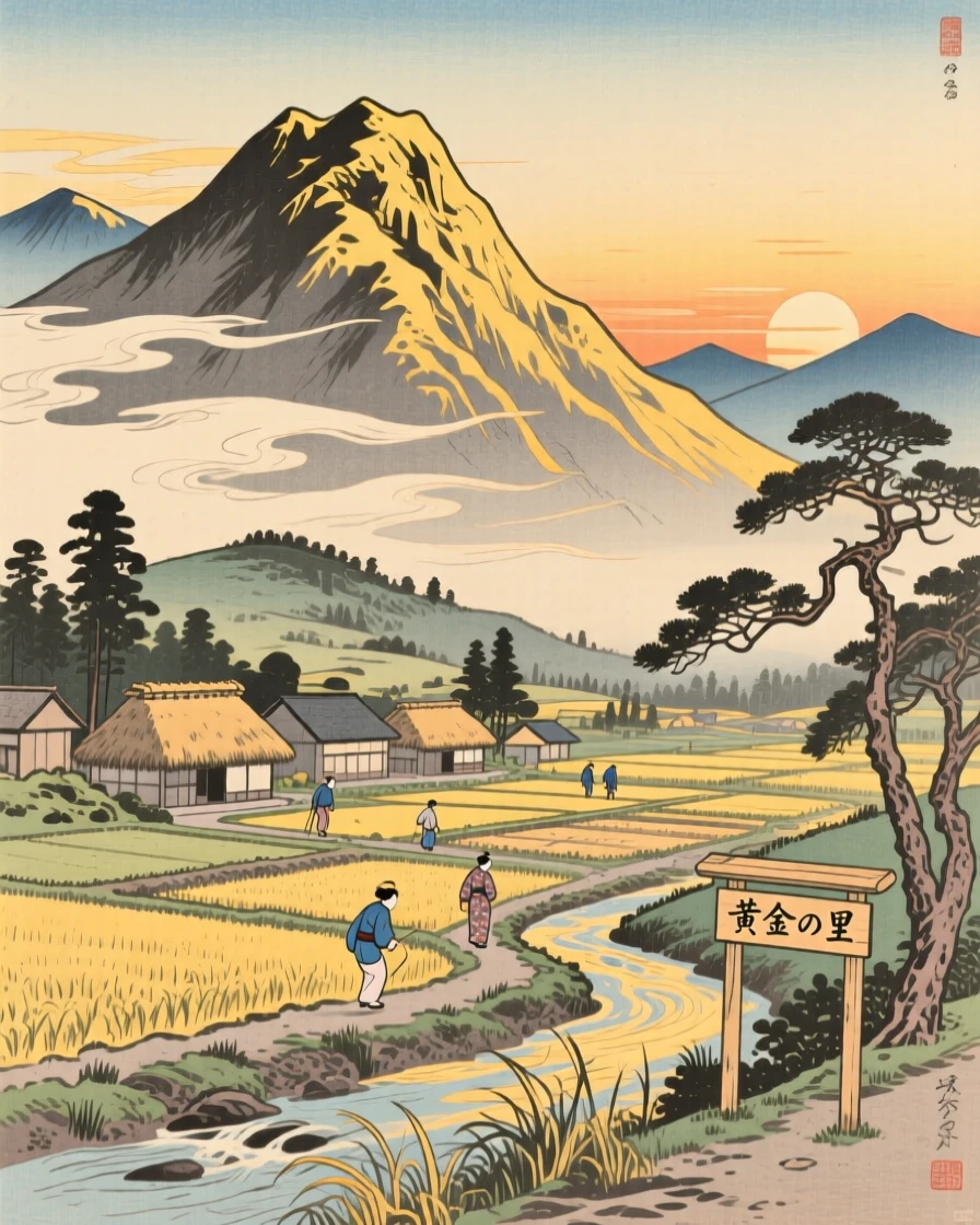 A windswept alpine ridge, rising above a quiet farming village, in golden late-afternoon light.