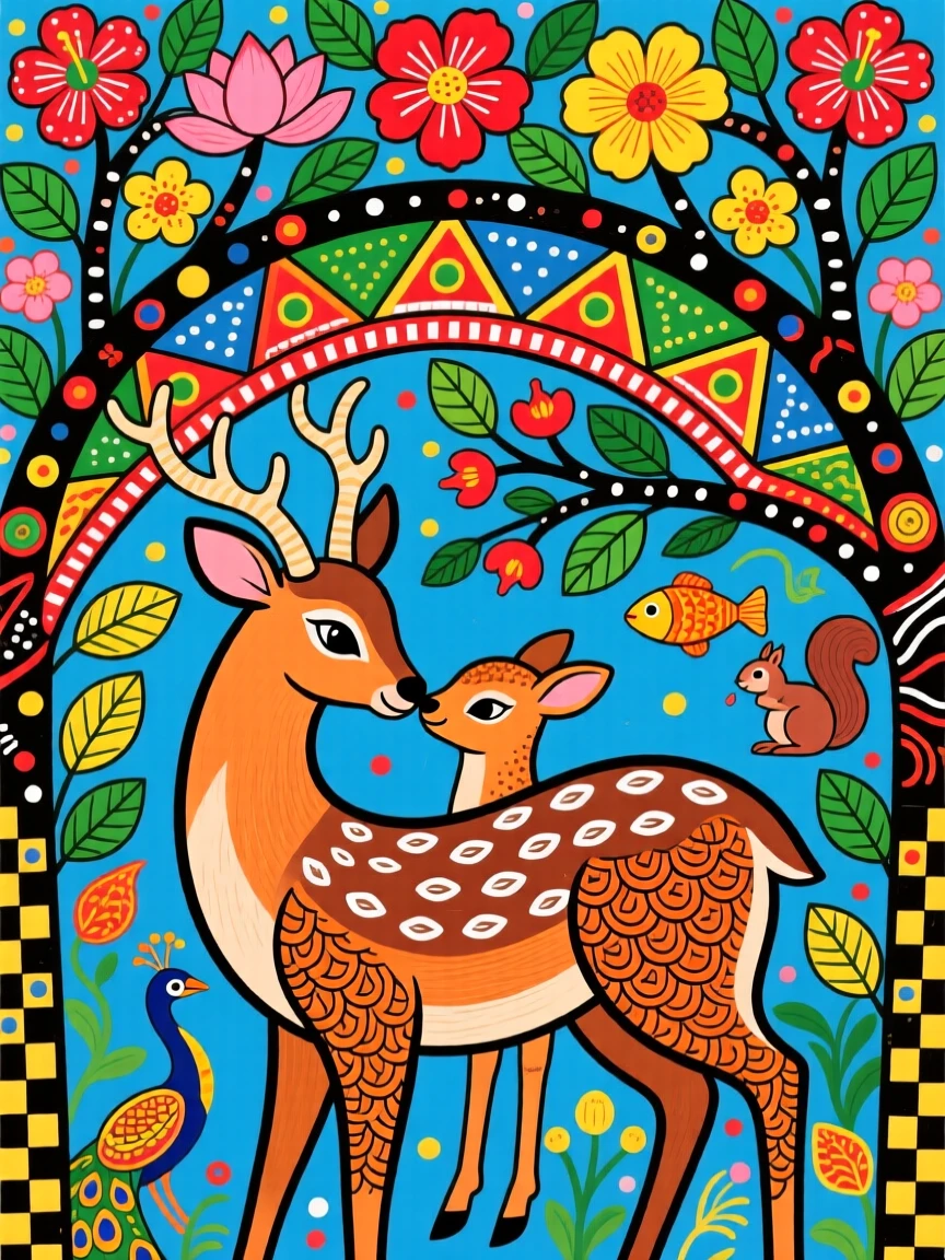 A young deer nuzzling its mother beneath a canopy of blossoming branches.