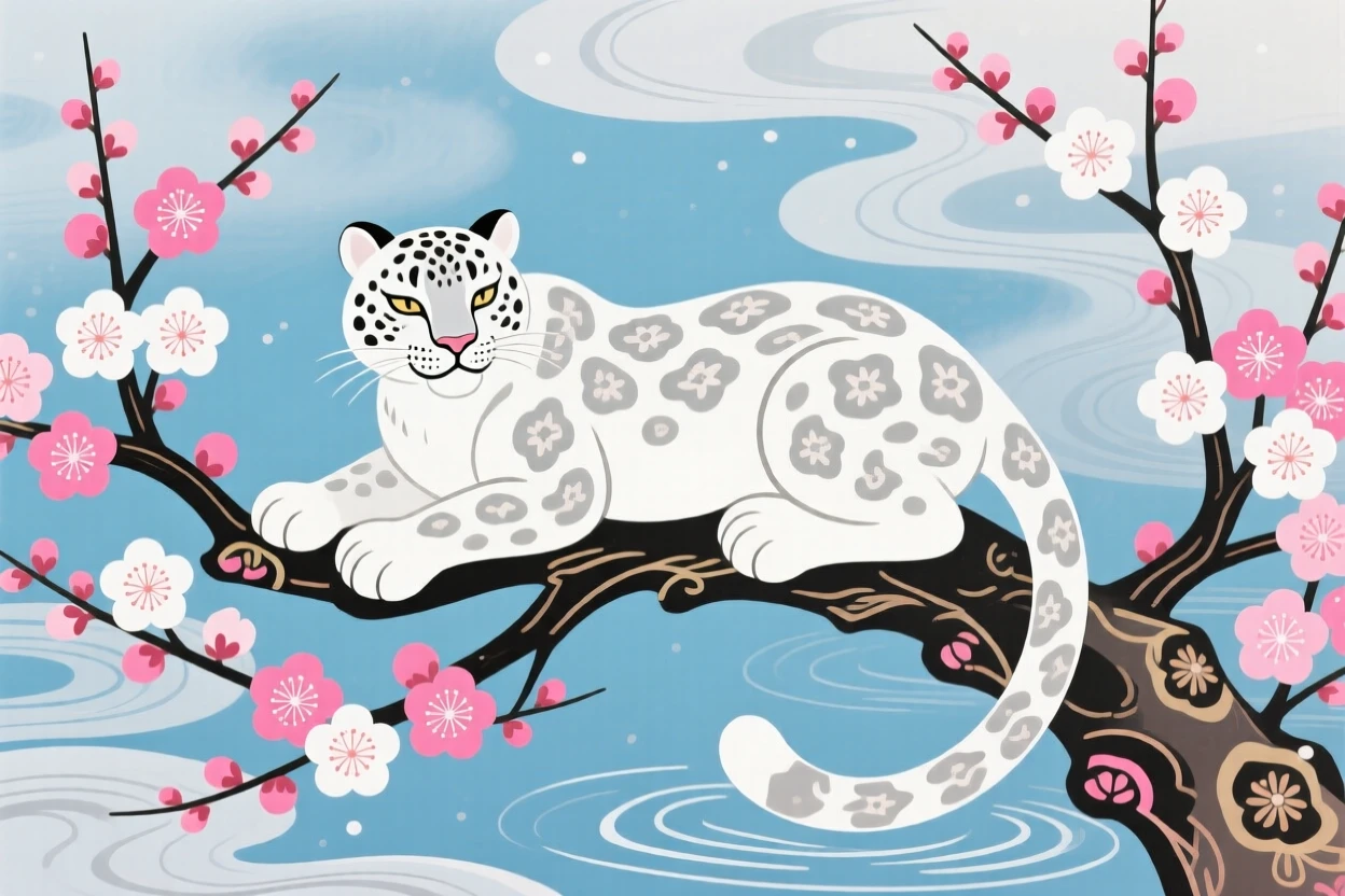 A snow leopard resting on a blossoming plum branch, as morning mist rises from the water.