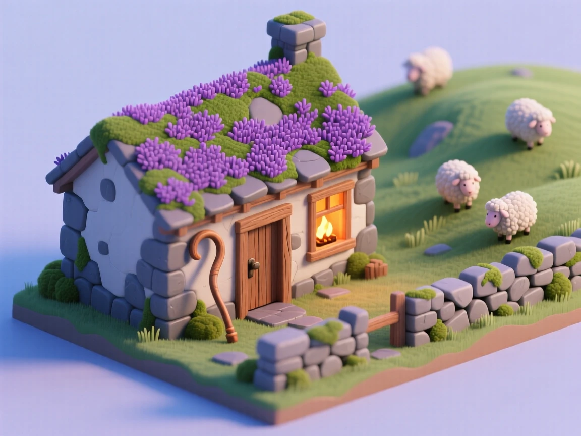 A Scottish stone cottage with a heather-covered roof, a peat fire glowing through the window, a shepherd's crook by the door, and sheep grazing on the hillside beyond a low stone wall.