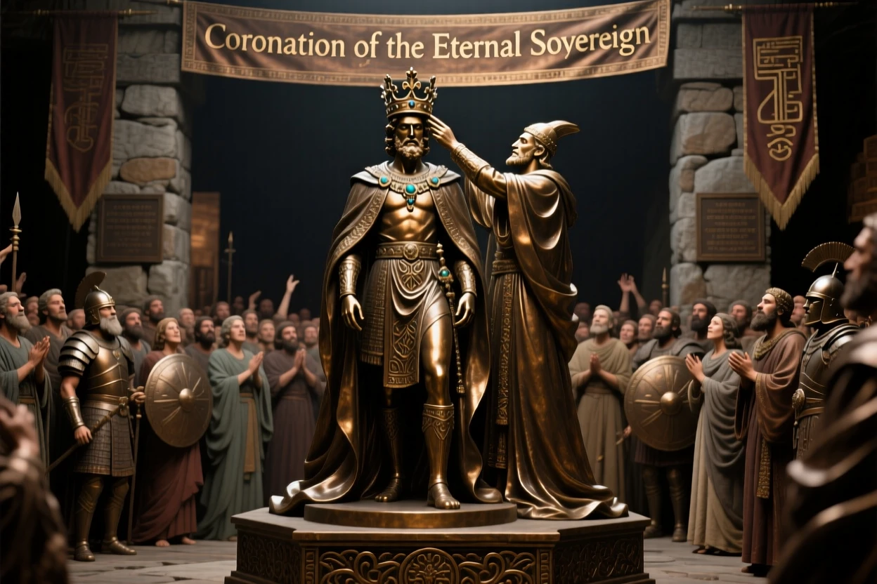 An ancient king being crowned before his people, rendered with epic, cinematic composition, evoking legend and timeless drama