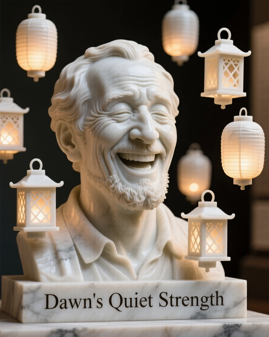 A close-up portrait of a farmer at sunrise, caught mid-laugh with eyes closed, surrounded by floating lanterns, radiating quiet emotion and dignity