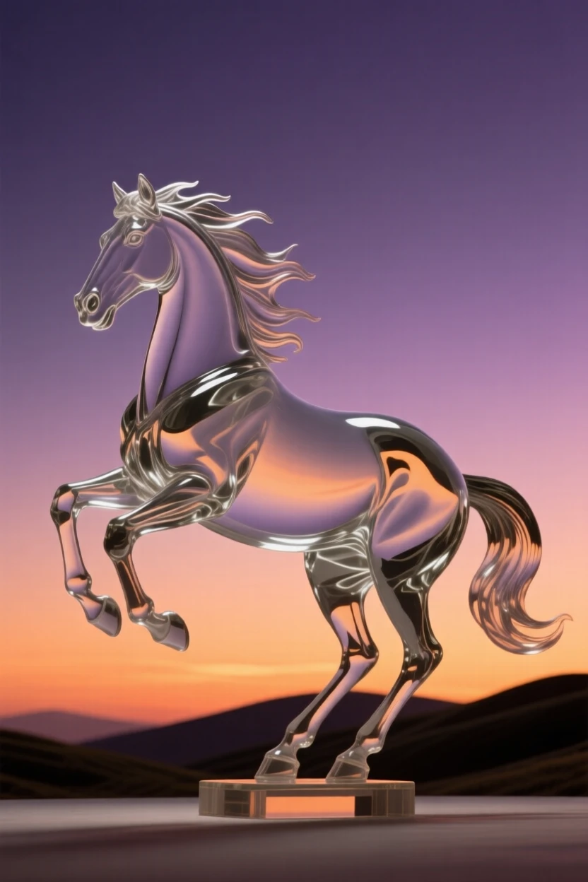 A wild horse silhouetted against a dramatic sunset sky over rolling hills, warm orange and purple tones creating a serene, cinematic mood.