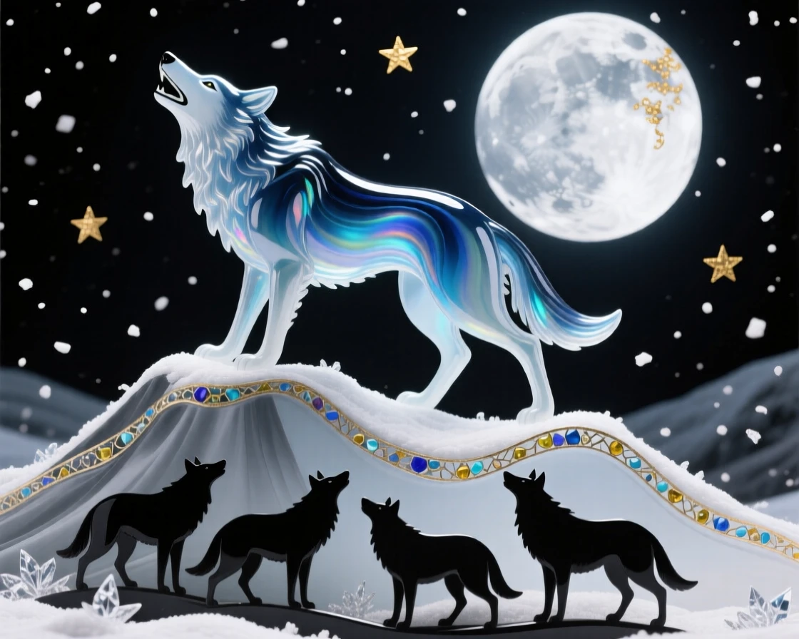 A wolf howling atop a moonlit ridge, pack silhouettes gathered below, wild and haunting, snow drifting through the cold night air.