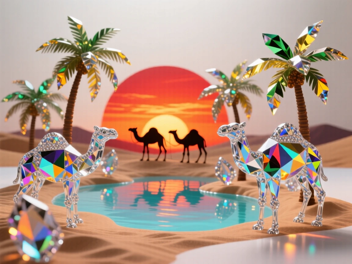 A desert oasis with palm trees encircling a small pool, camel caravan silhouetted against a fiery sunset.