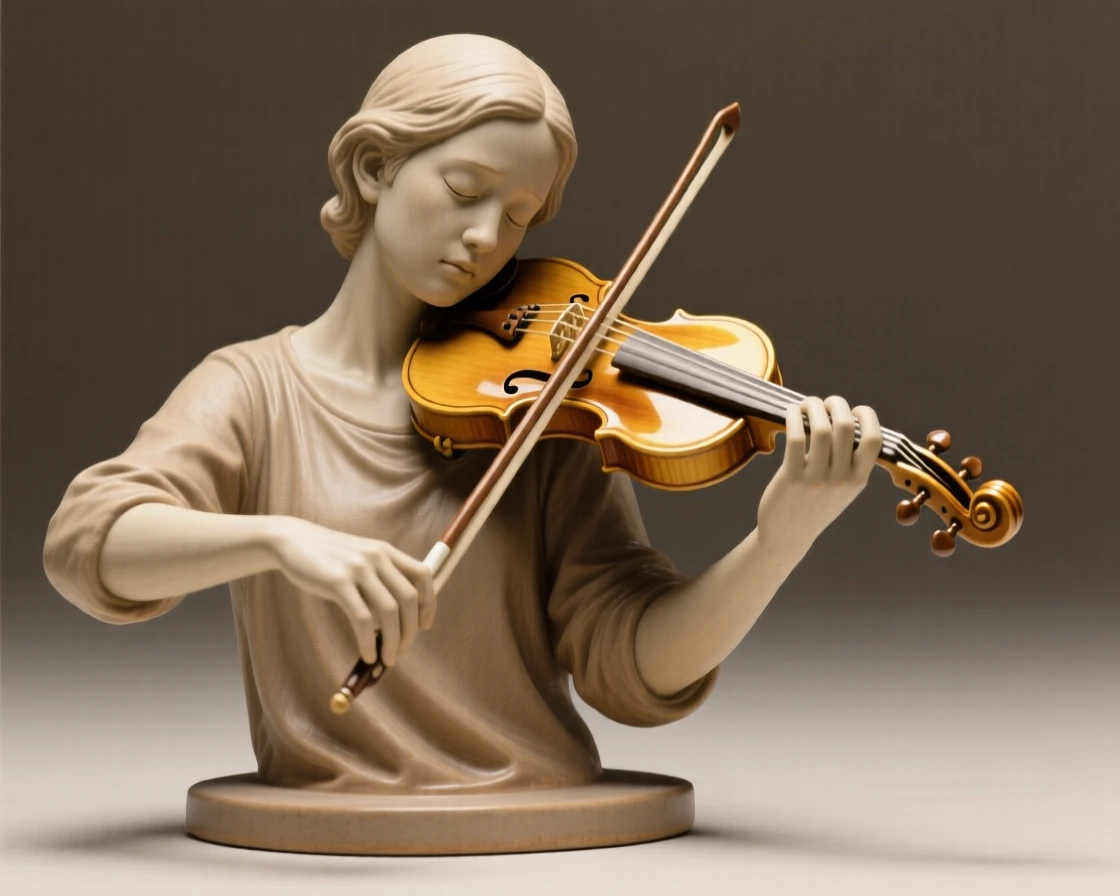 A violinist lost in the melody caught in an intimate, unguarded moment, illuminated by a warm, golden glow, capturing a universal moment of human connection.