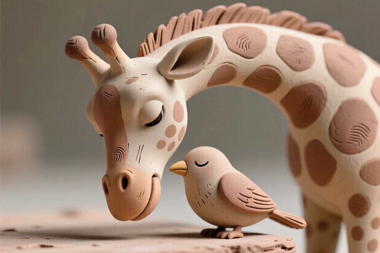 A giraffe bending down to nuzzle a small bird perched on its nose