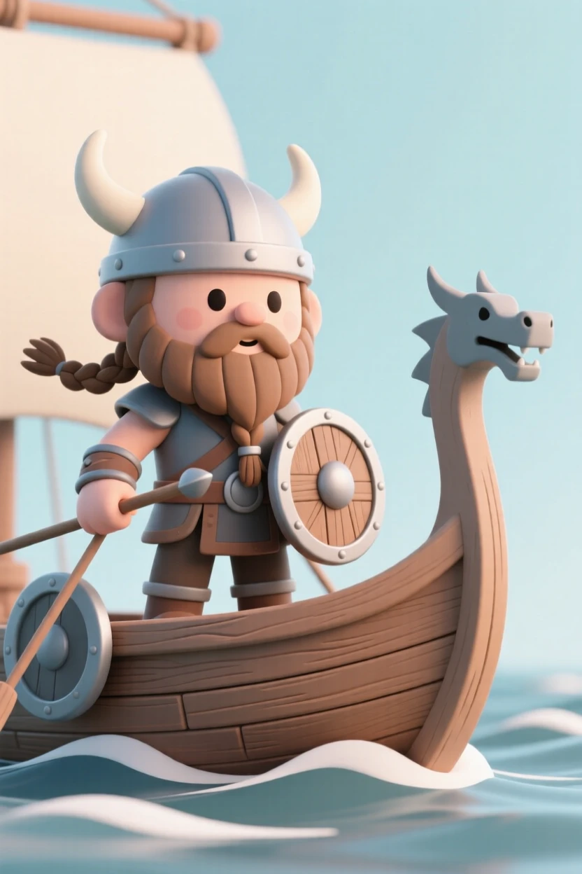 A Viking warrior stands at the bow of a longship, braided beard blowing in the wind as waves crash against the carved wooden hull.