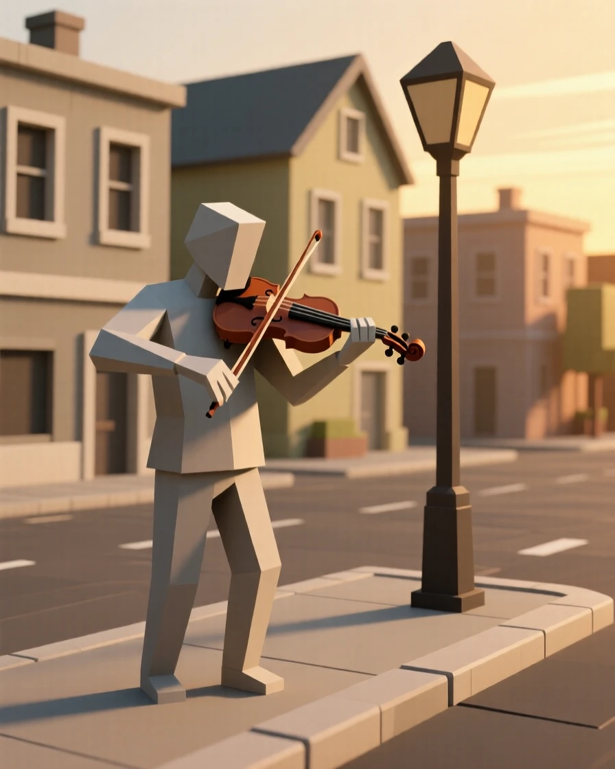 A violinist performing on an empty city street, beneath a soft golden sunset. fine details in expression bring the moment to life. A gentle warmth radiates through the scene.