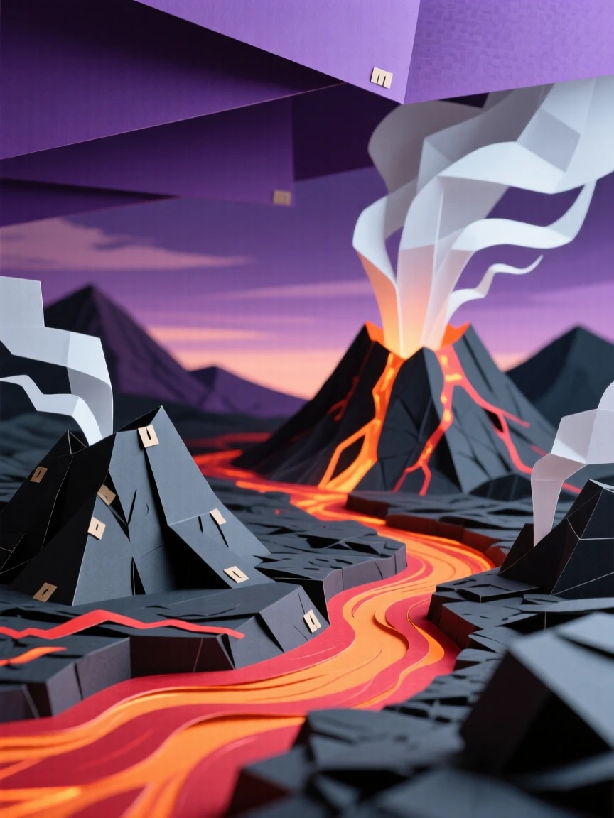 A glowing volcanic landscape at twilight, rivers of orange lava contrasting against dark cooled rock, steam rising into a purple sky, capturing the raw power of the earth.