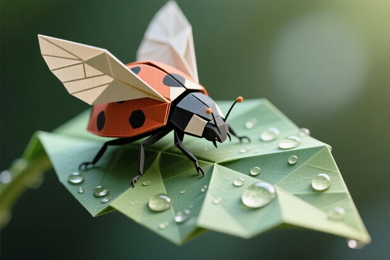 A ladybug pausing on the tip of a dew-covered leaf, wings half open as if about to take flight, macro detail on its shell pattern.