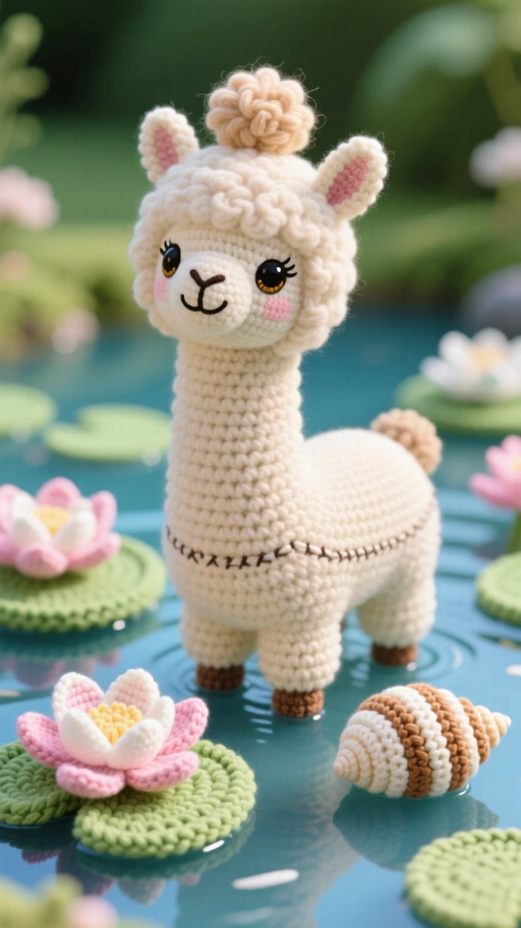 A heartwarming close-up of a fluffy alpaca, with a long neck and a top-knot of fur, standing proudly with head held high in a tranquil lily pond with lotus blossoms; a smooth striped seashell close by completes the scene, radiating a moment of pure innocent joy.