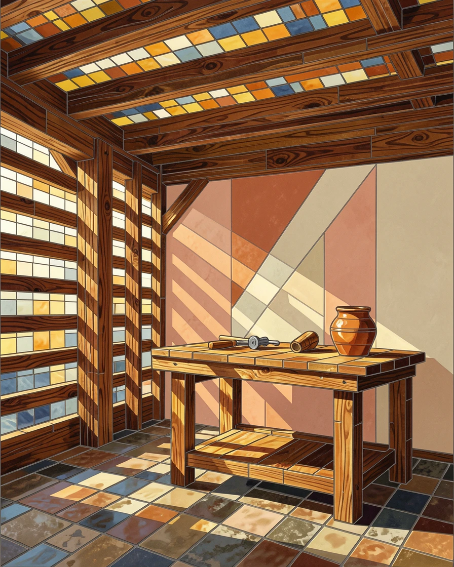 A rustic barn interior with soft light streaming through wooden slats.