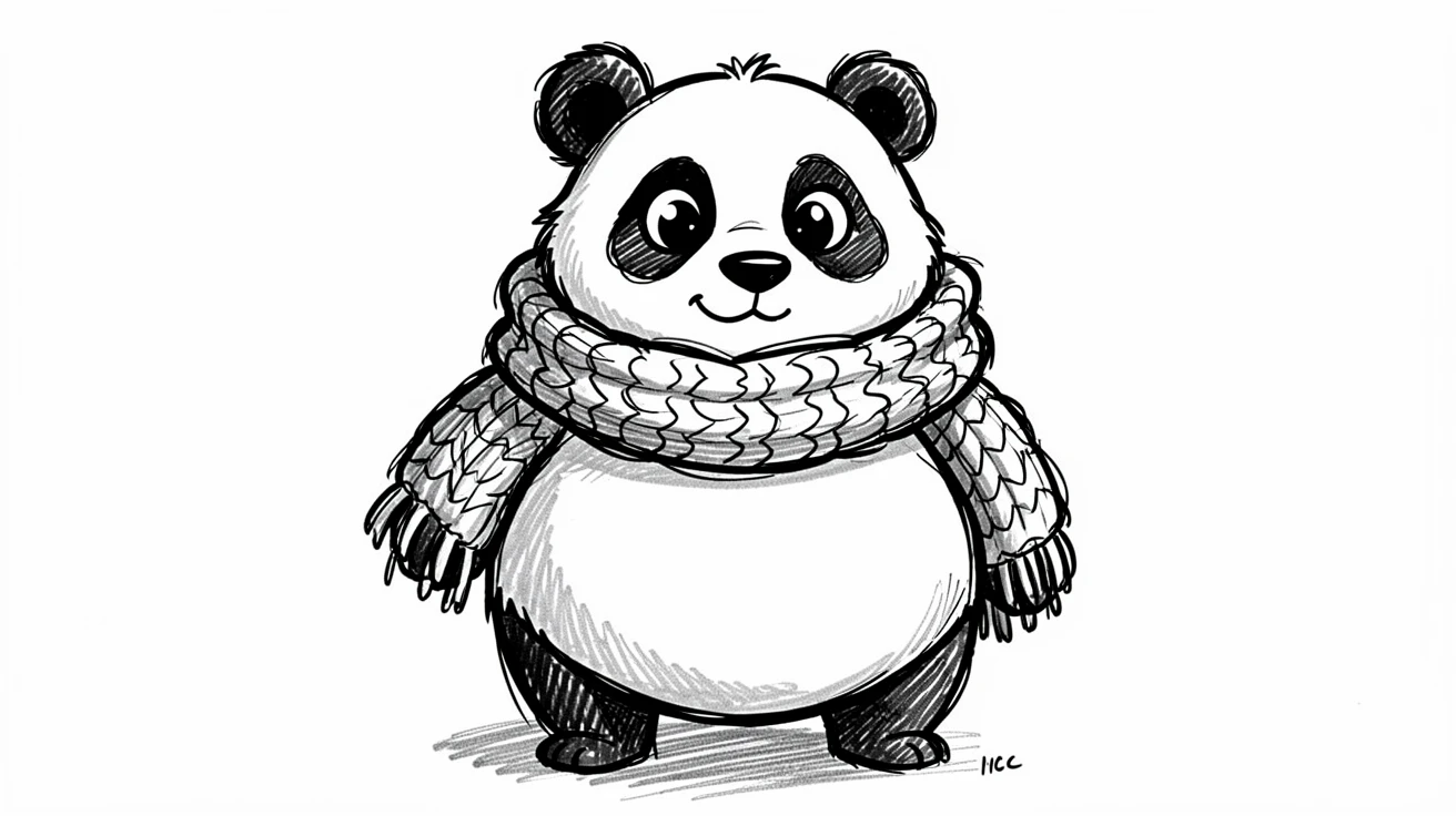 A round-bellied panda cub wearing a knitted scarf too big for it.