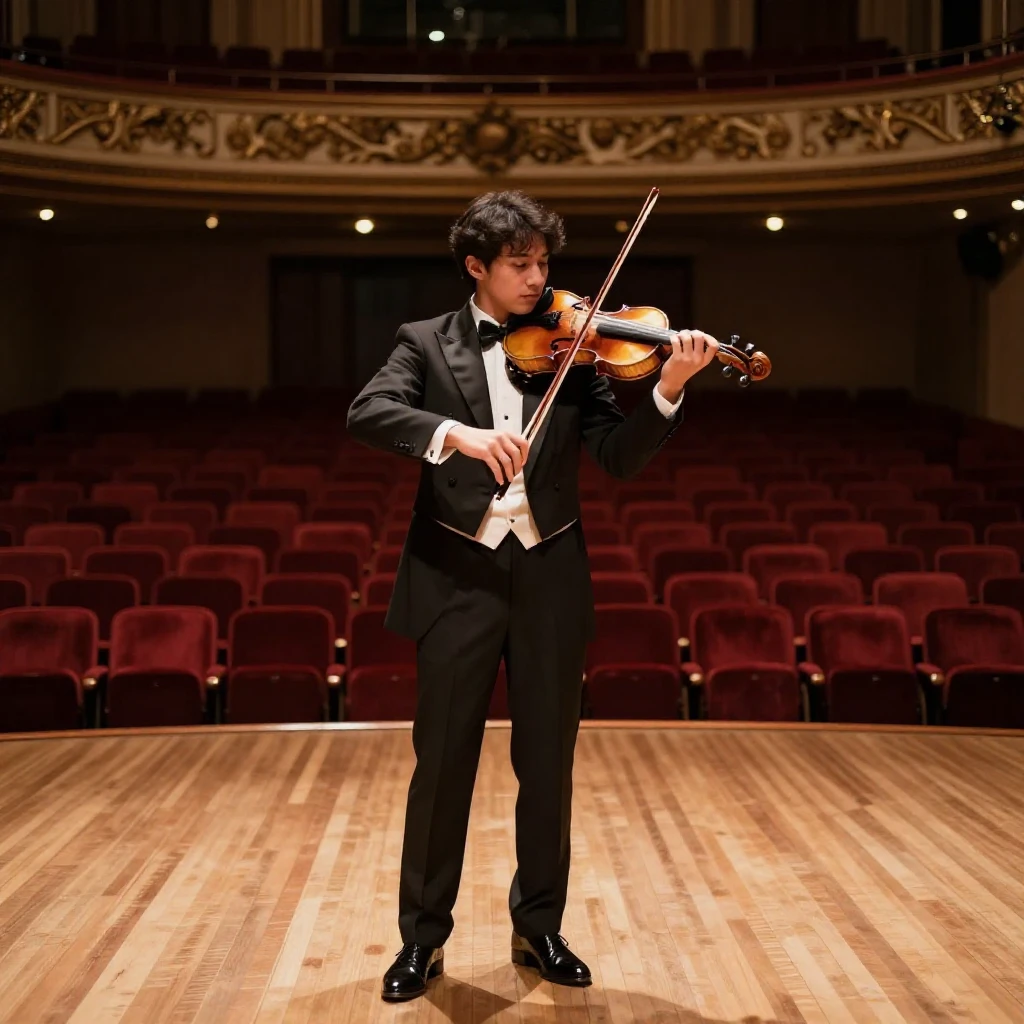 A violinist performing alone on an empty stage