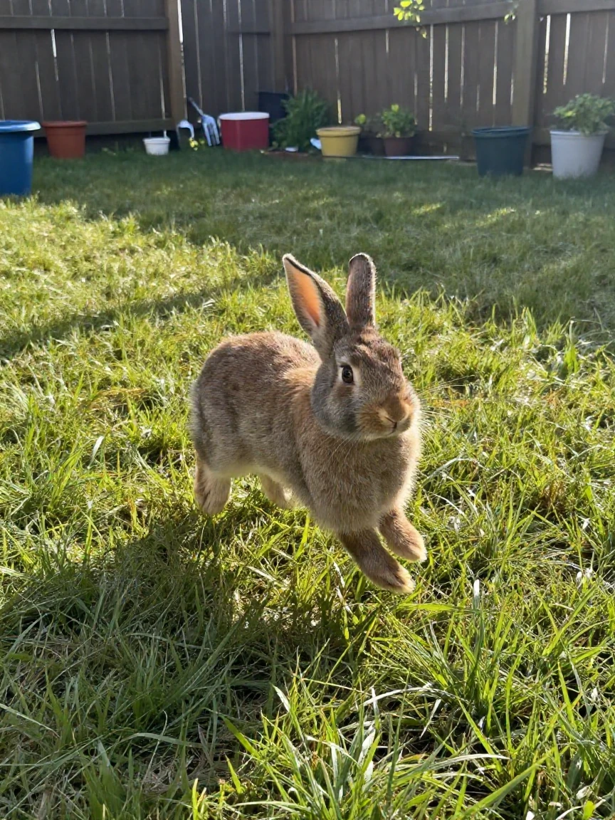 A rabbit binkies joyfully across a backyard lawn in the early morning.