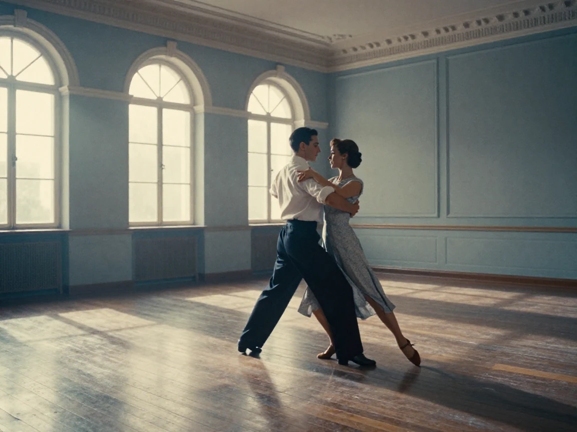 Two dancers practicing tango steps in an empty ballroom, under soft golden-hour light, as heat shimmers over the ground, in early spring, in cool blues and silvery greys, viewed from across the room.