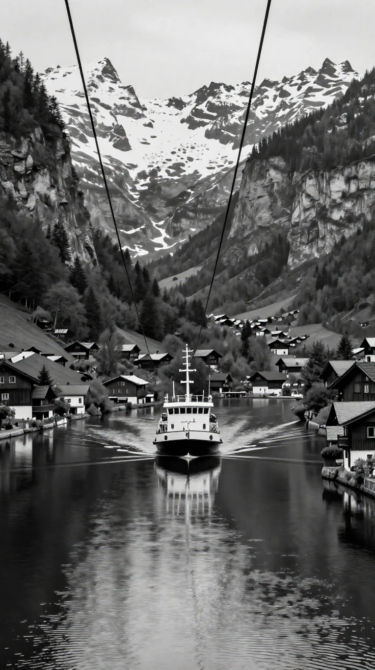 A cable ferry crosses a narrow alpine lake between two mountain villages.