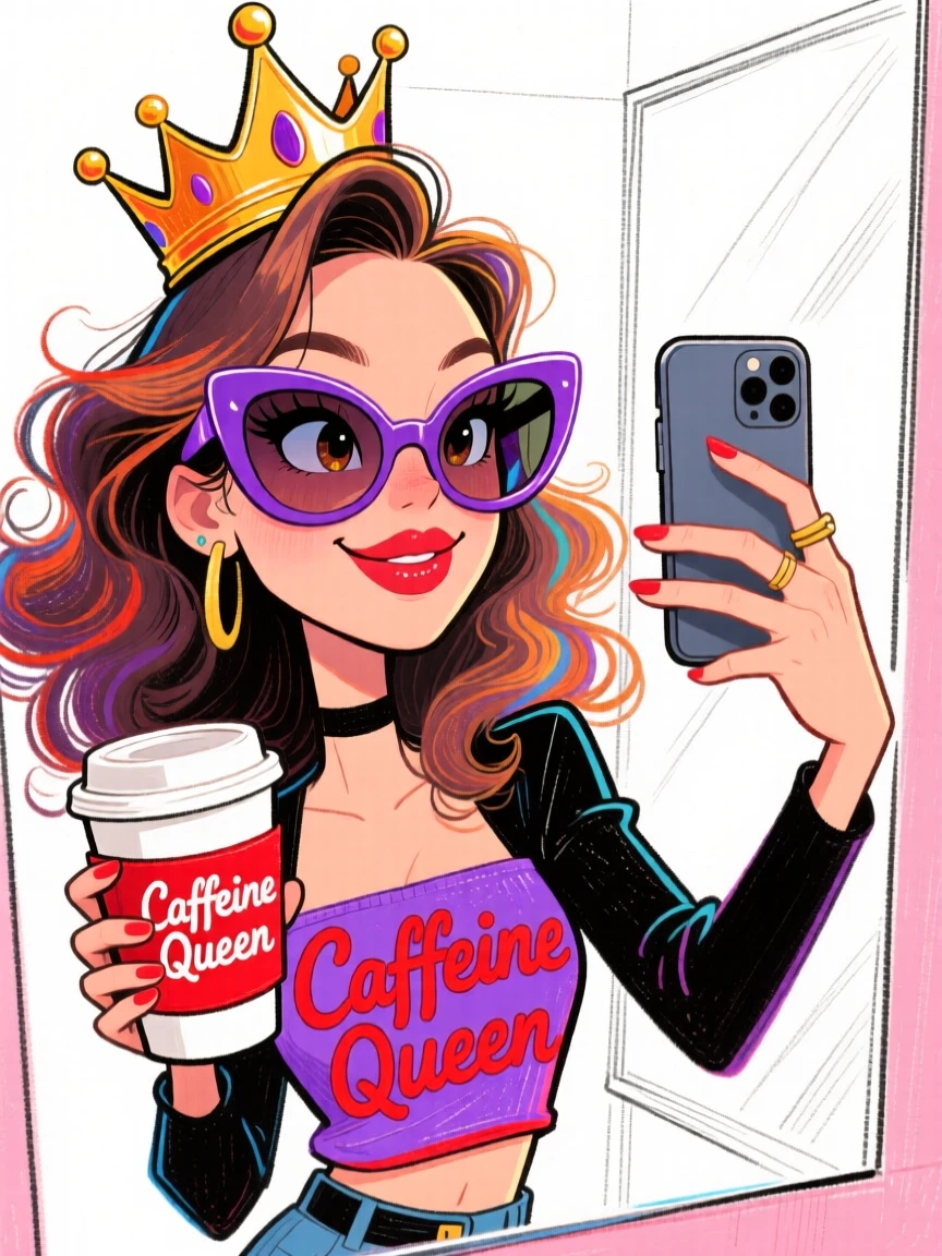 A stylish influencer taking a mirror selfie, oversized sunglasses pushed up on her head, holding a coffee cup.