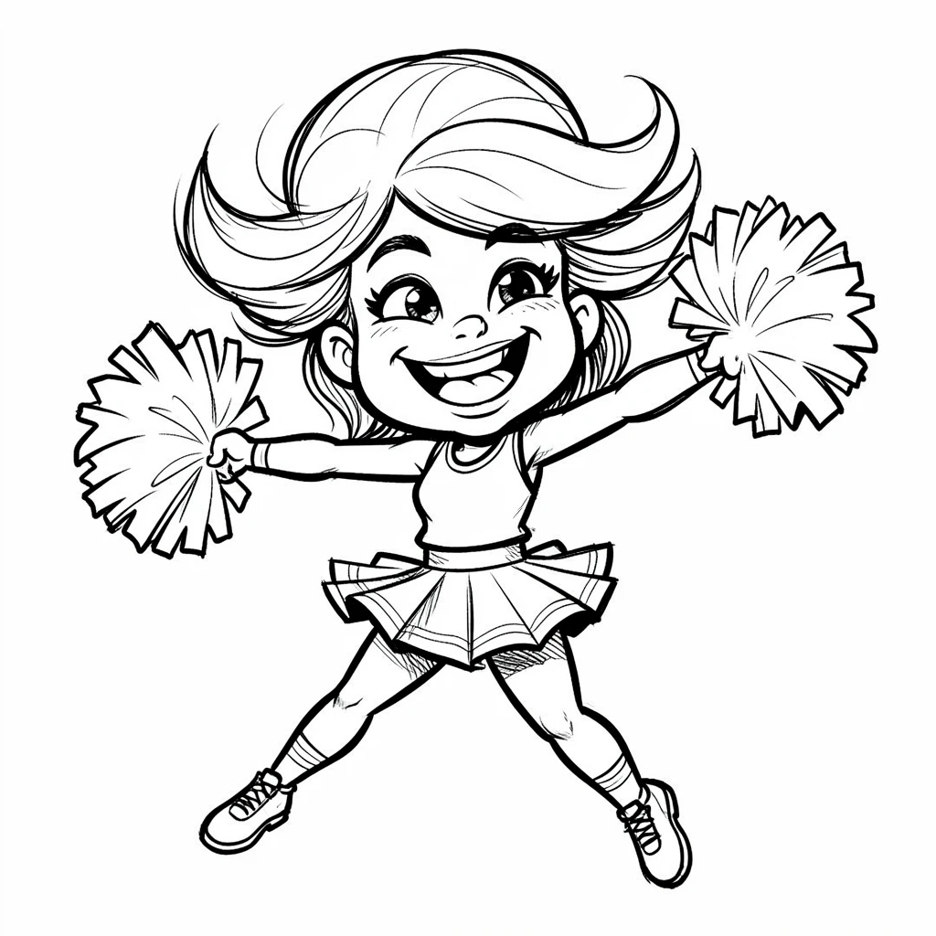 [People Portraits & Characters] Portrait of a spirited cheerleader mid-jump waving pom-poms with a huge grin, full of personality and charm