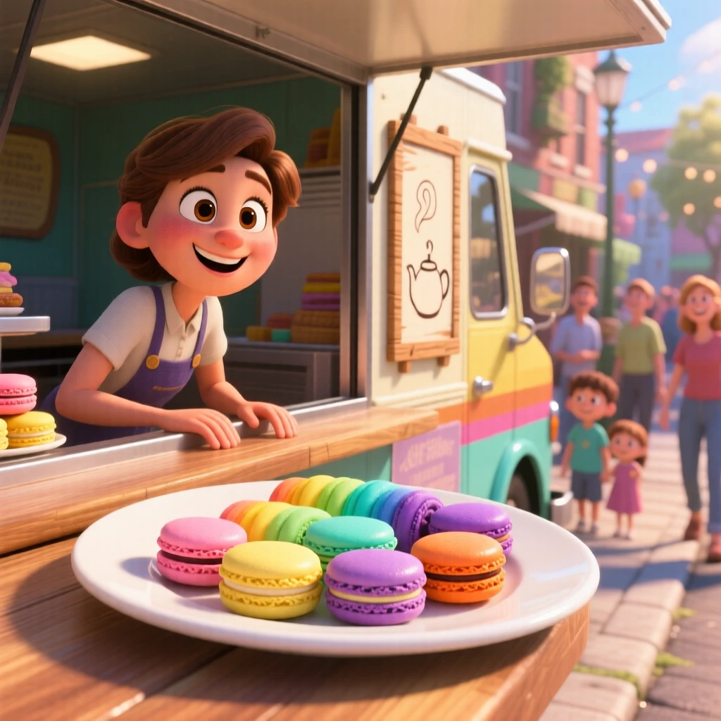 A rainbow of macarons arranged on a plate sits at a food truck window on a lively street, with sunlight catching the glossy glaze. A comforting, homey feeling fills the moment.