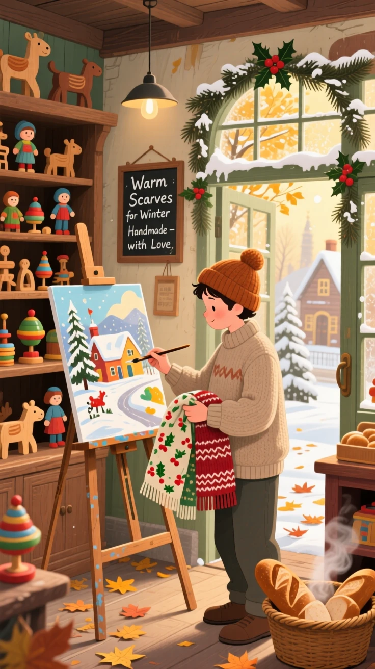 A painter working at an easel pauses while wrapping scarves for winter customers in an old-fashioned toy shop, with the smell of fresh bread drifting through the air.