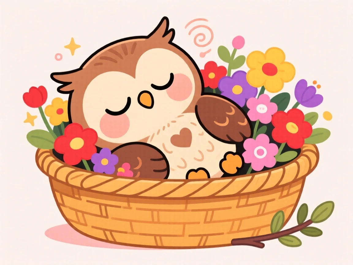 A baby owl napping in a basket of flowers.