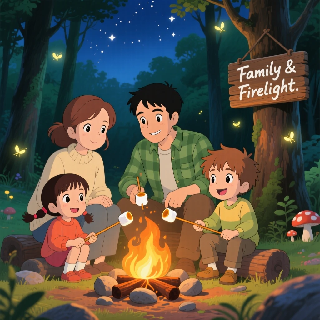 A family roasting marshmallows around a small campfire, the scene glowing with togetherness.